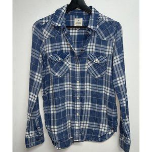 American Eagle Vintage Boyfriend Pearl Snap Shirt Womens Size XS Blue Plaid L/S
